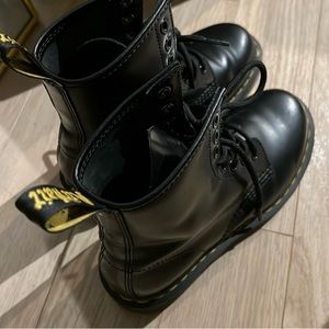 Dr. Martens Black Leather Lace-Up Combat Boots with Yellow Stitching